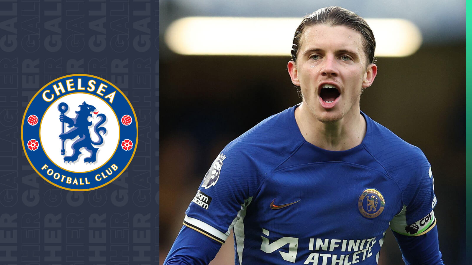 Conor Gallagher next to the Chelsea badge