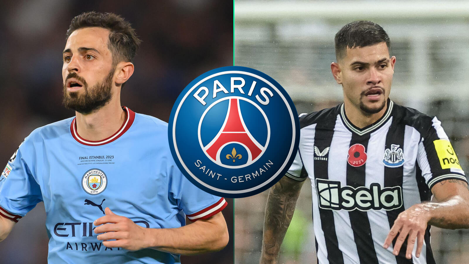 Man City star Bernardo Silva, Newcastle midfielder Bruno Guimaraes, PSG badge