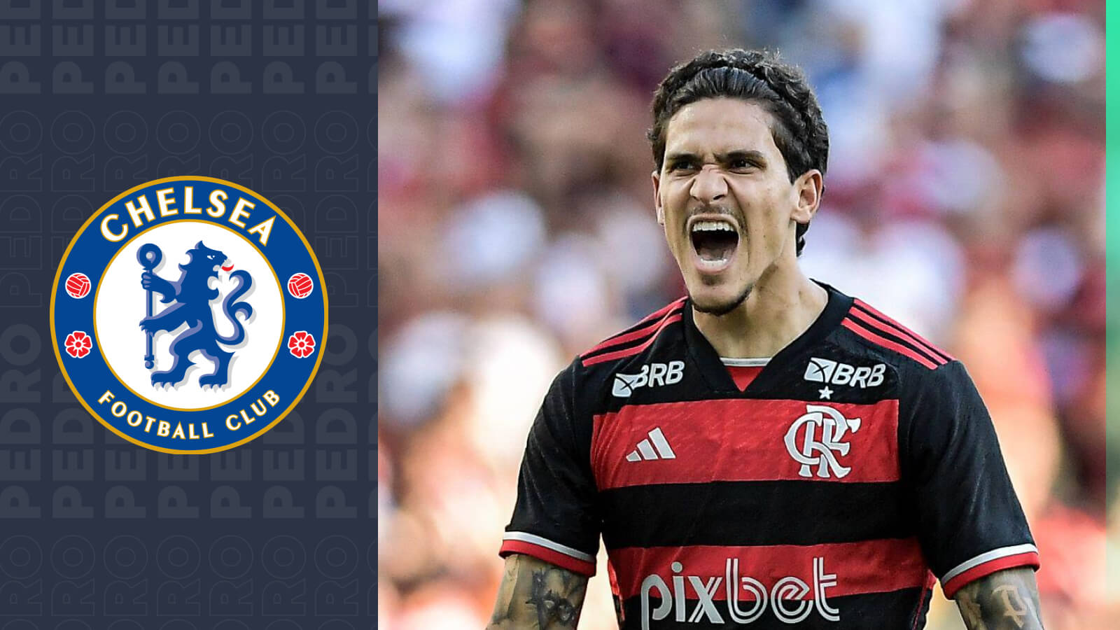 Flamengo star Pedro celebrates with a prominent Chelsea badge alongside him