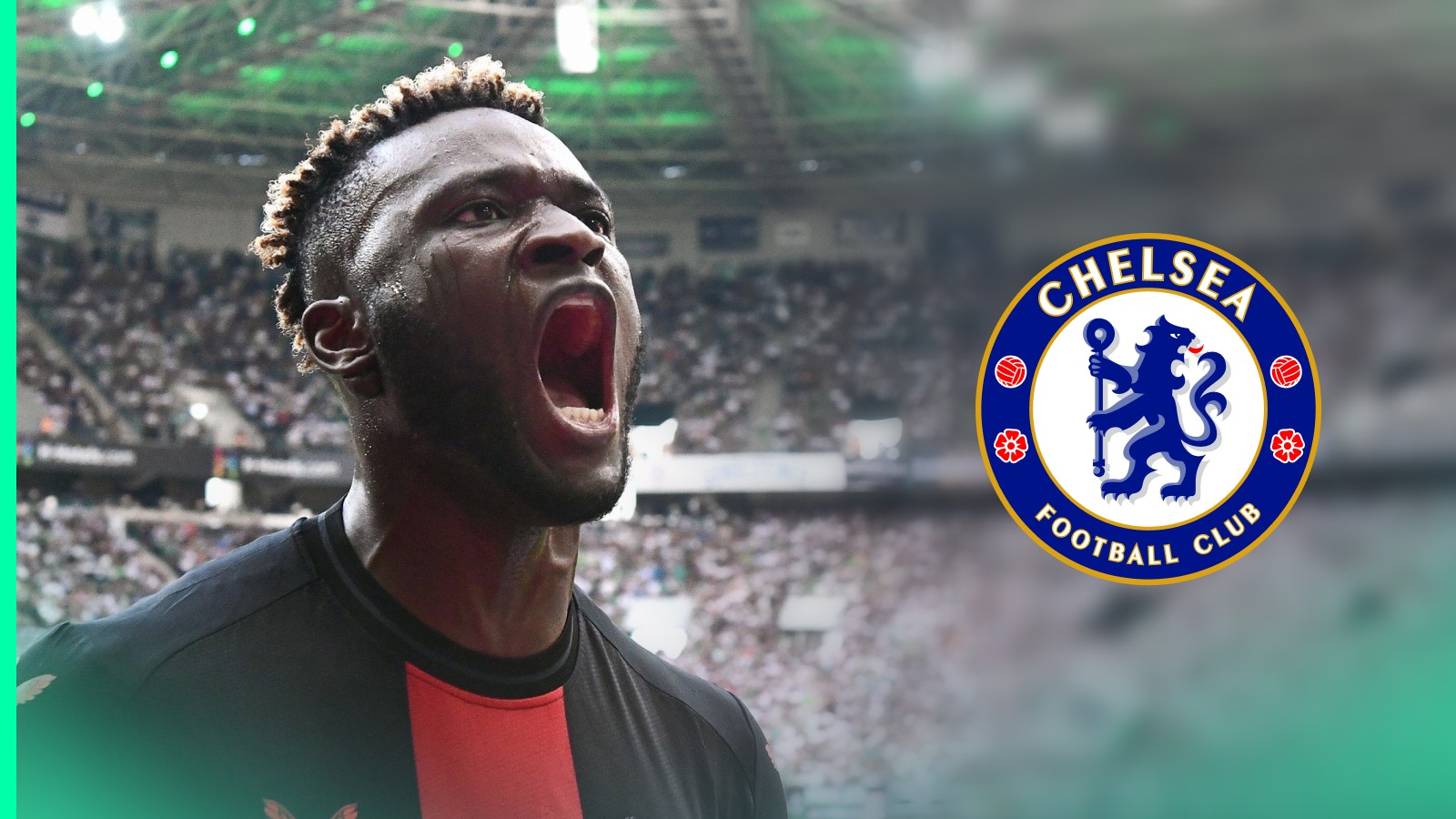 Bayer Leverkusen forward Victor Boniface celebrates a goal alongside a prominent Chelsea badge