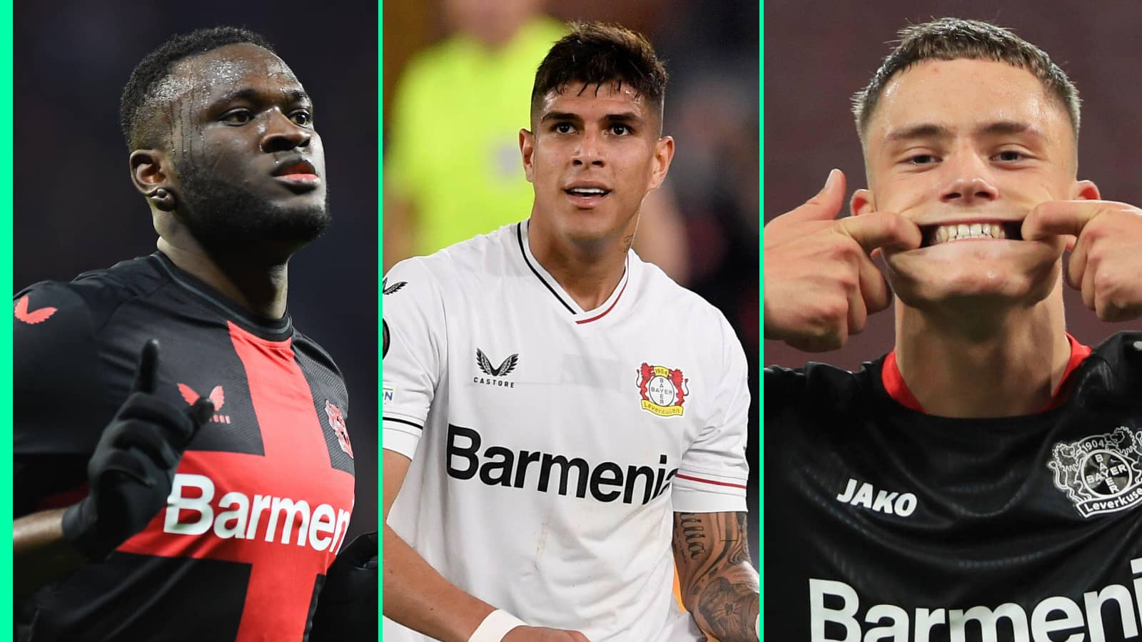 Victor Boniface, Piero Hincapie and Florian Wirtz of Bayer Leverkusen are being linked with Premier League moves