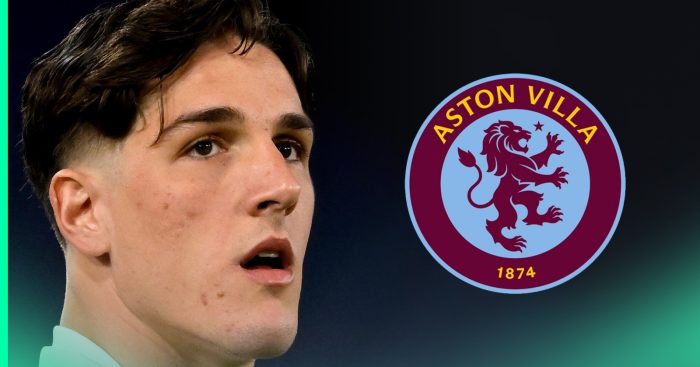 A close-up shot of Nicolo Zaniolo with a prominent Aston Villa badge alongside him