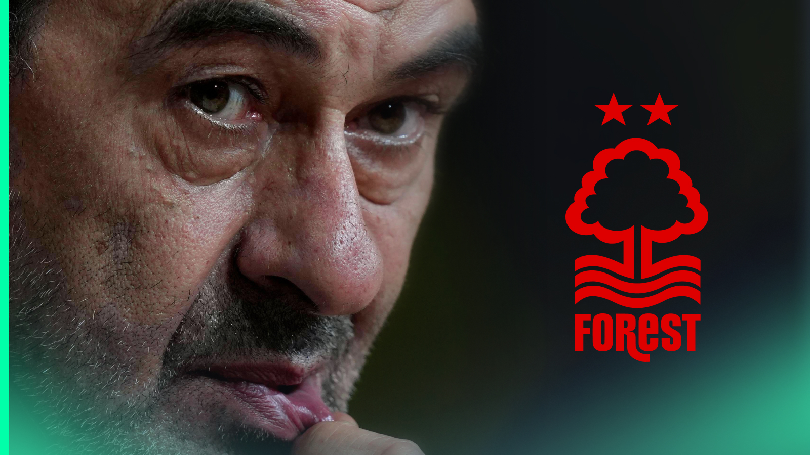 A close-up shot of Maurzizio Sarri in thought with a prominent Nottingham Forest badge alongside him