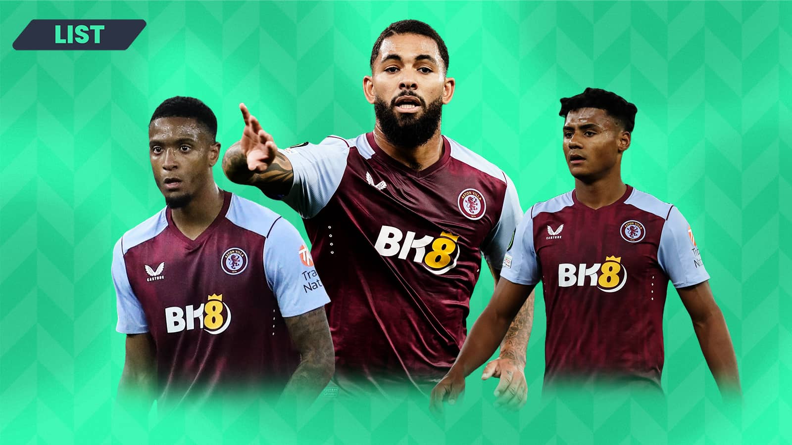 Aston Villa stars Ezri Konsa, Douglas Luiz and Ollie Watkins.