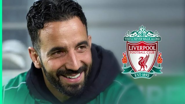 Ruben Amorim next to the Liverpool club crest