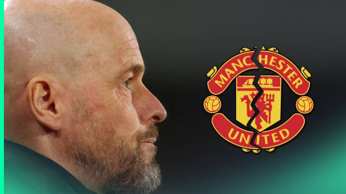 A side-profile shot of Erik ten Hag with a cracked Manchster United badge alongside him
