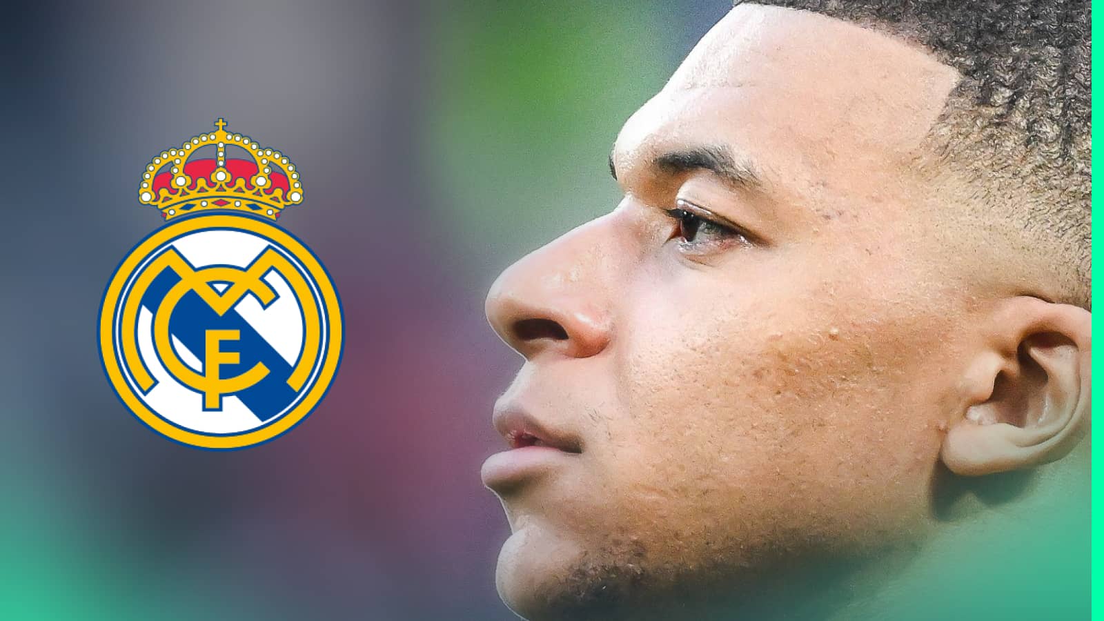 A close-up, side-profile shot of Kylian Mbappe with a prominent Real Madrid badge alongside him