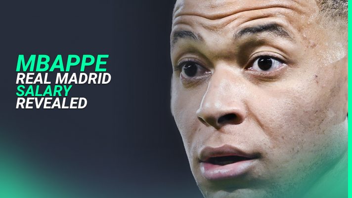 A close-up shot of a stunned Kylian Mbappe with a TEAMtalk banner that reads: 'Mbappe Real Madrid salary revealed'