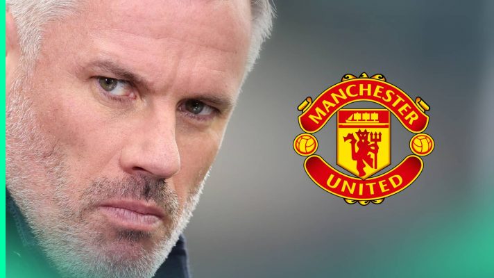 A close-up shot of Jamie Carragher with a prominent Man Utd badge alongside him
