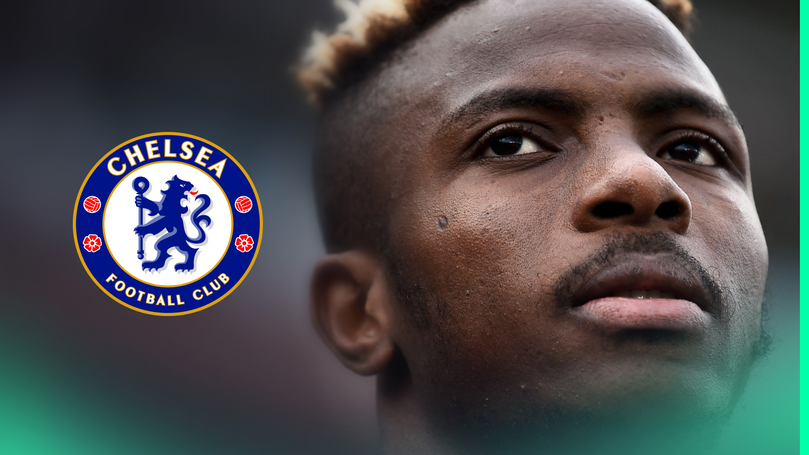 A close-up shot of Victor Osimhen with a prominent Chelsea badge alongside him
