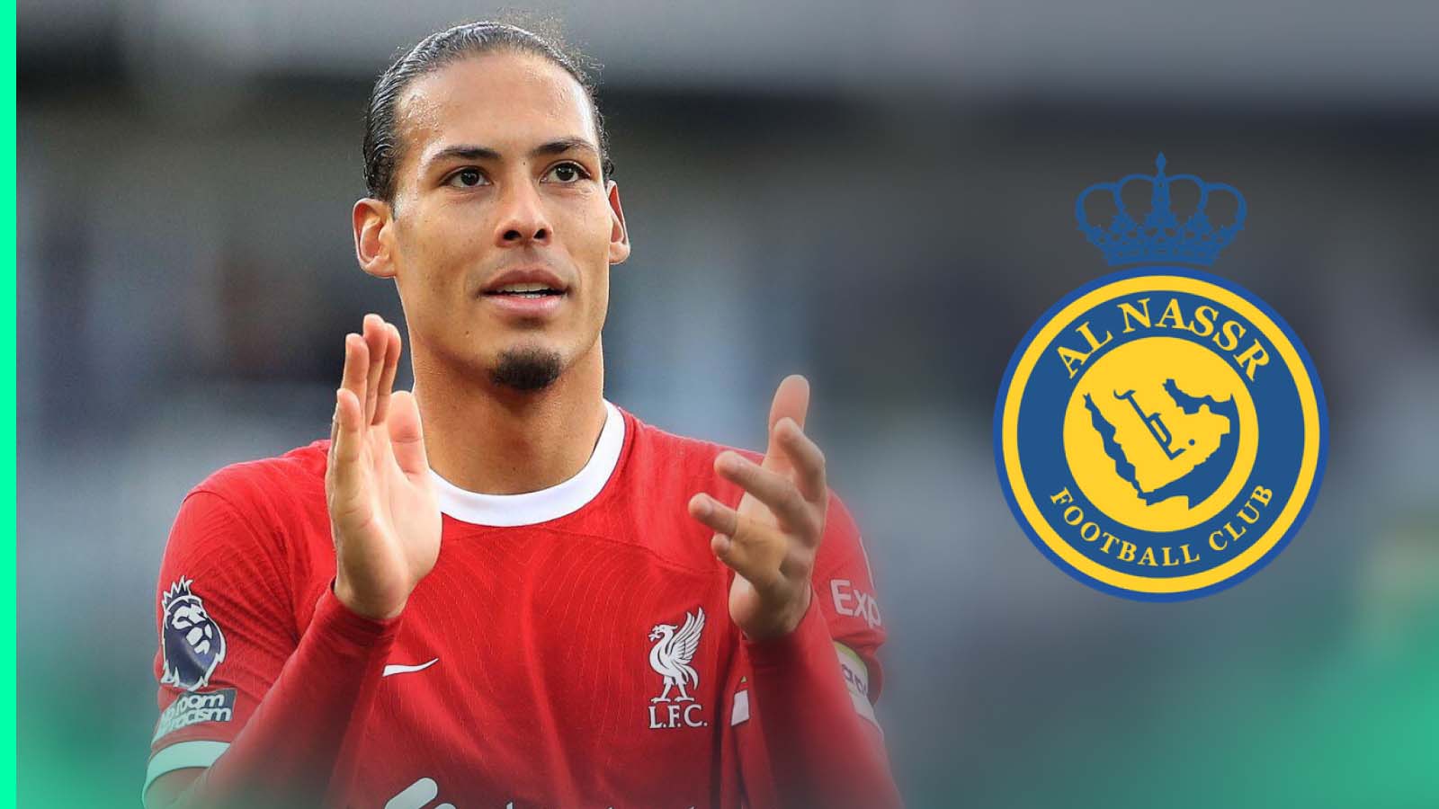 Liverpool star Virgil van Dijk next to the Al Nassr badge