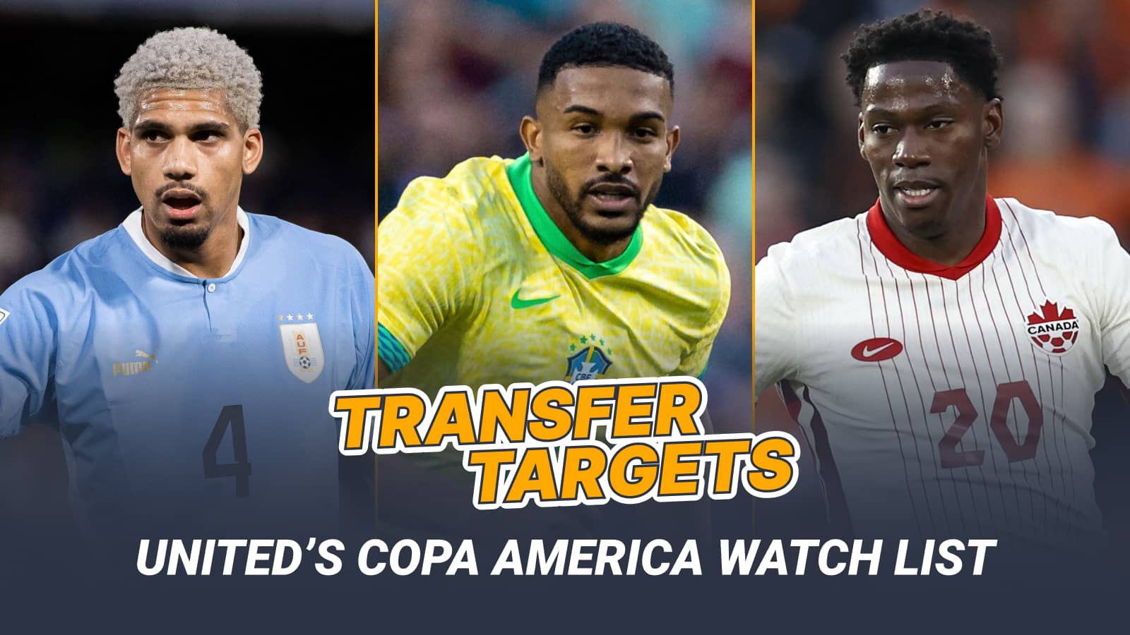 Ronald Araujo in Uruguay kit, Gleison Bremer in Brazil kit and Jonathan David in Canada kit