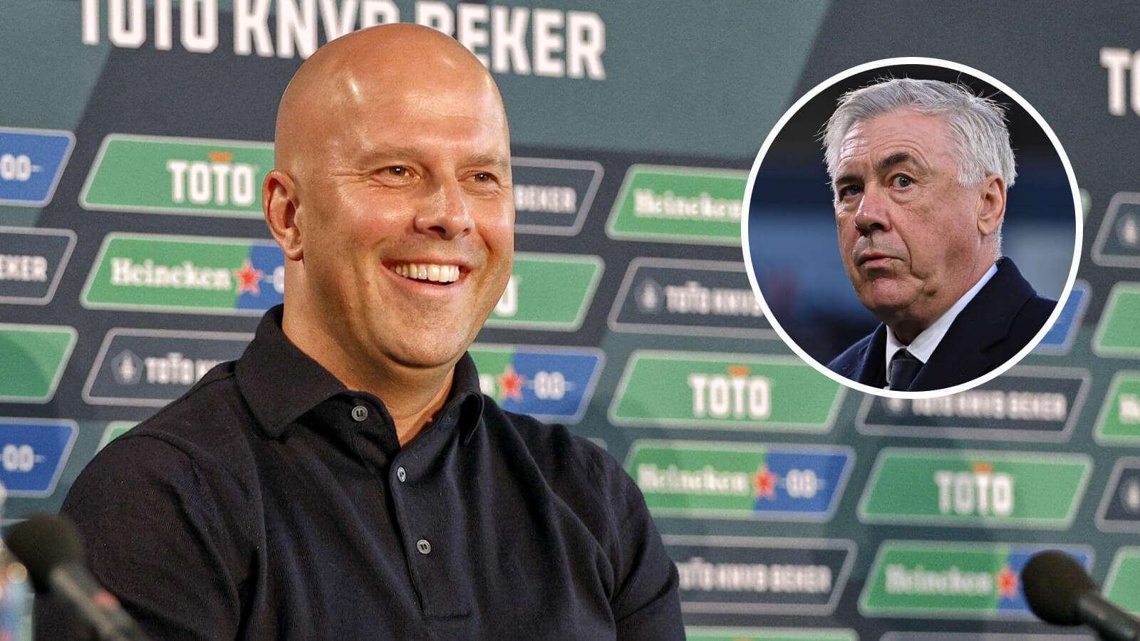 Liverpool manager Arne Slot, Real Madrid manager Carlo Ancelotti