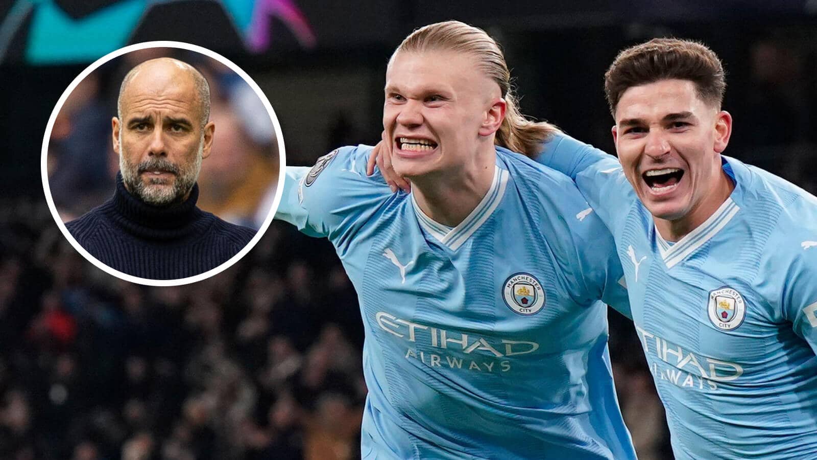 Manchester City strikers Erling Haaland and Julian Alvarez and, inset, boss Pep Guardiola