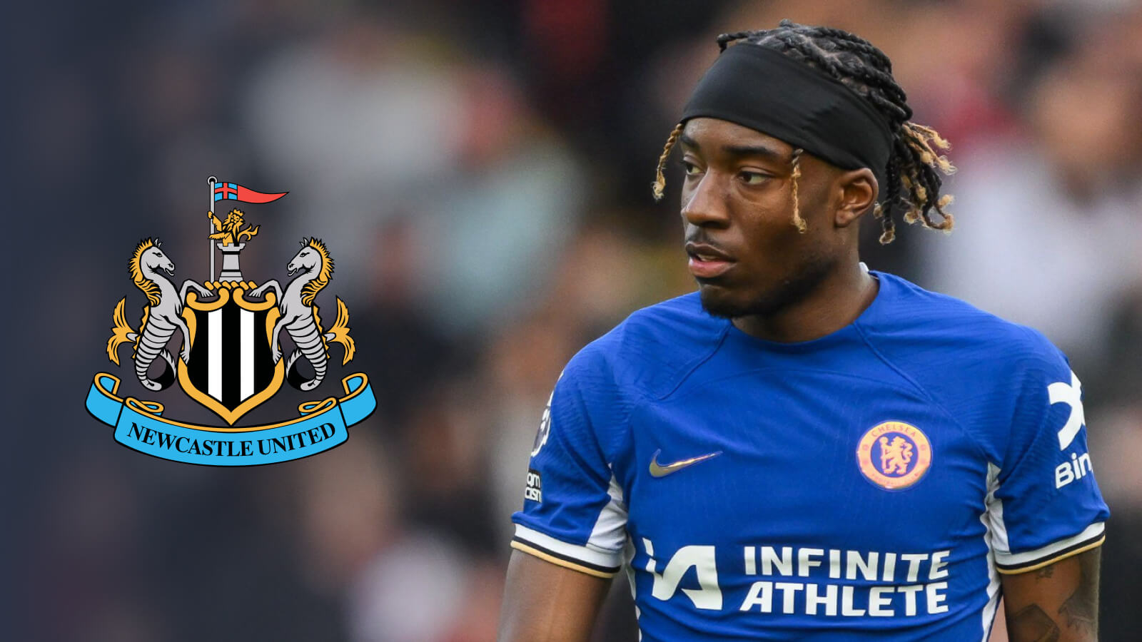 Chelsea star Noni Madueke with Newcastle badge