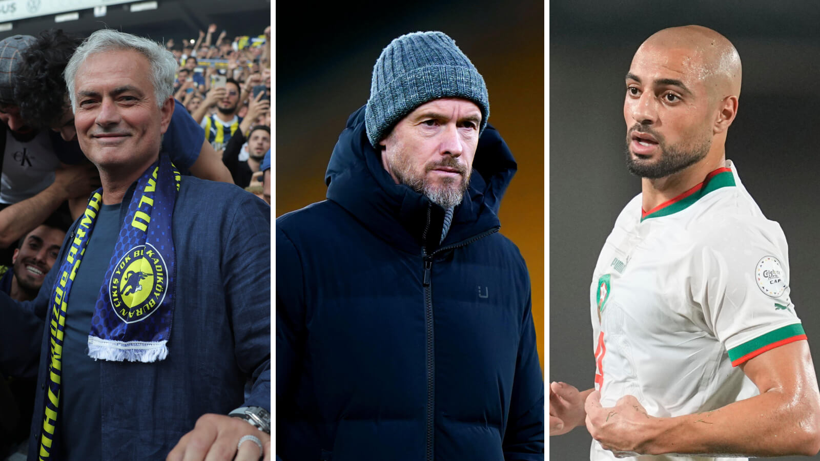Jose Mourinho, Erik ten Hag and Sofyan Amrabat