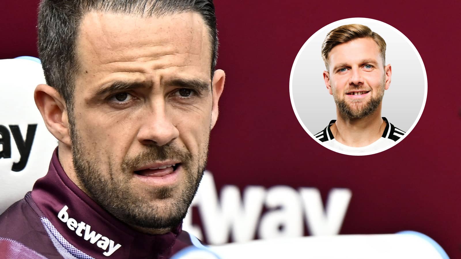Danny Ings on the bench with an inset of a smiling Niclas Fullfrug alongside him