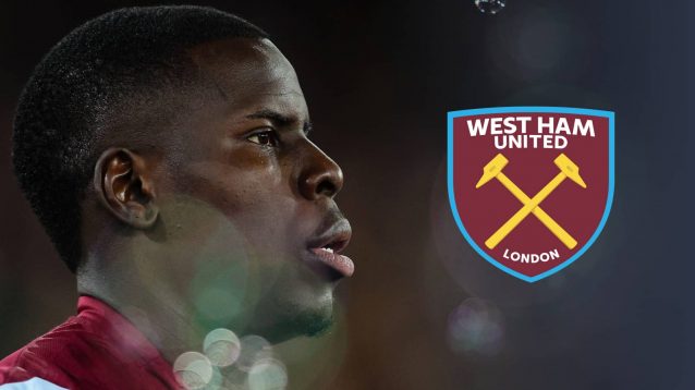 A side-profile shot of Kurt Zouma with a prominent West Ham United badge alongside him