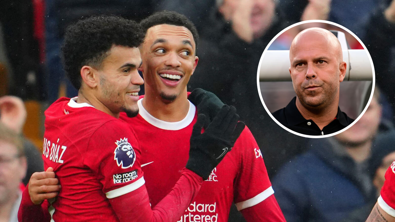Liverpool stars Luis Diaz and Trent Alexander-Arnold, manager Arne Slot