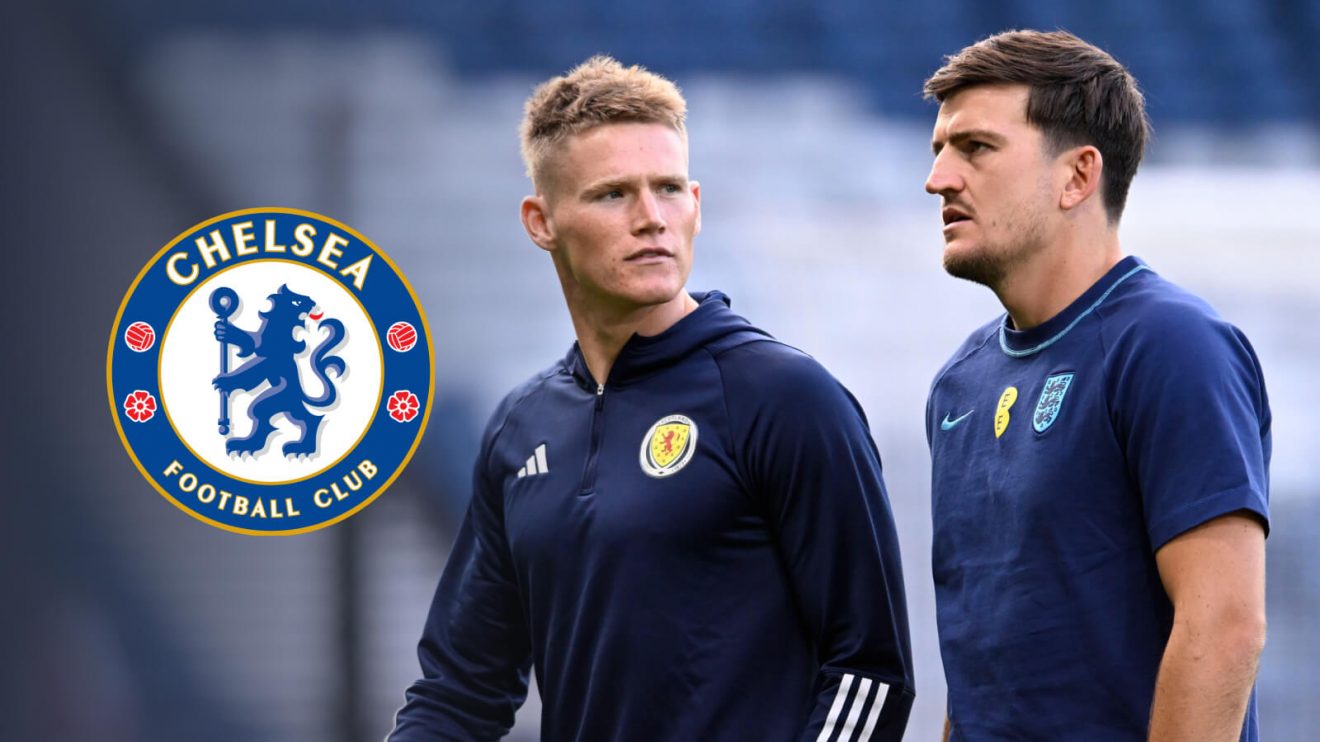 Man Utd duo Scott McTominay and Harry Maguire with Chelsea badge