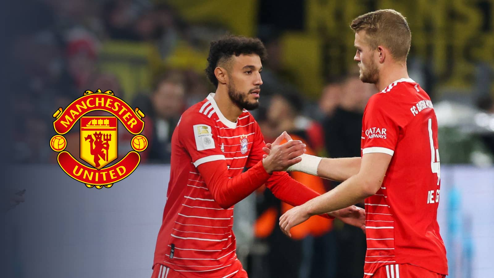 Noussair Mazraoui and Matthijs de Ligt at Bayern Munich, with the Manchester United badge