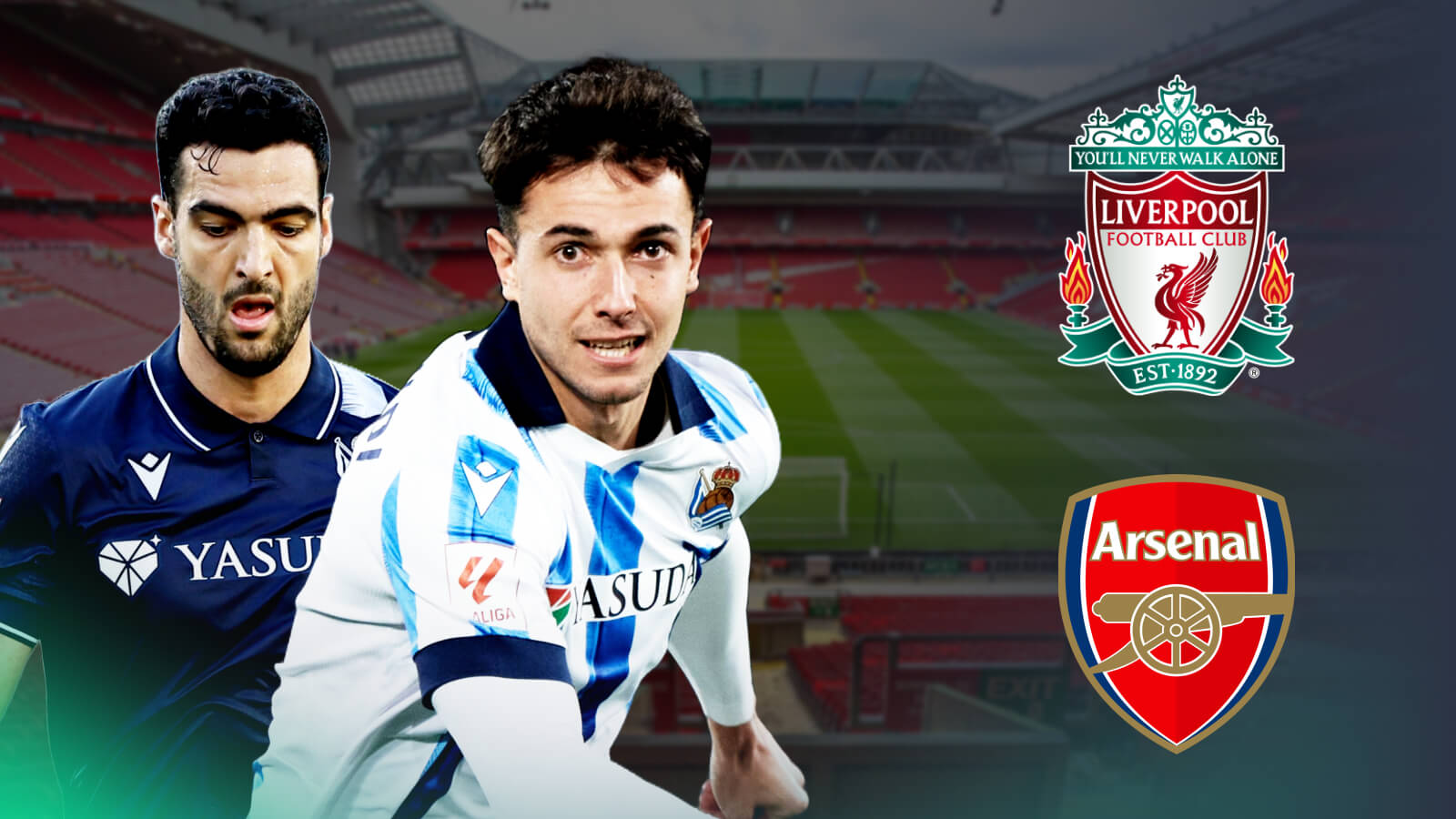 Real Sociedad midfielders Martin Zubimendi and Mikel Merino, Liverpool, Arsenal badges