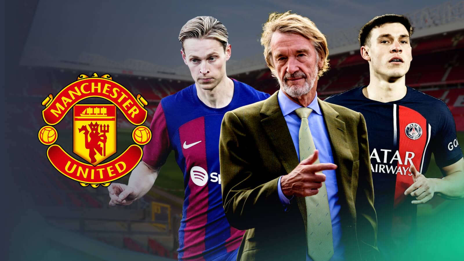 Barcelona midfielder Frenkie de Jong, Man Utd chief Sir Jim Ratcliffe and Manuel Ugarte of PSG