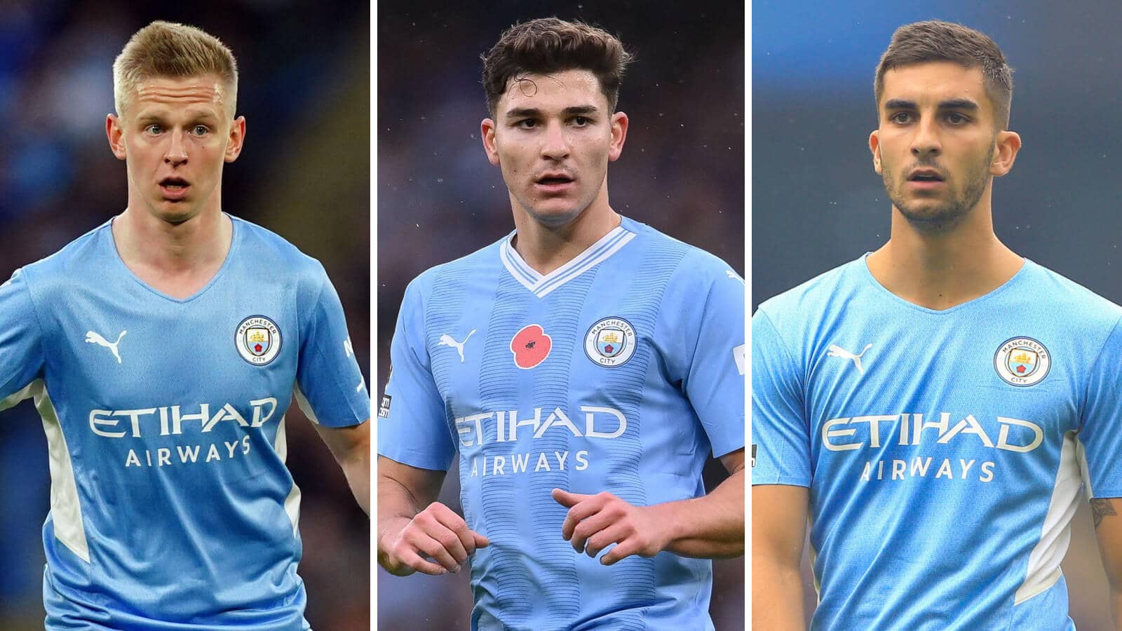 Oleksandr Zinchenko, Julian Alvarez and Ferran Torres playing for Man City