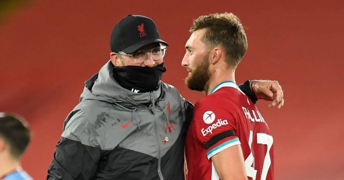 Jurgen Klopp embraces Nat Phillips after Liverpool game