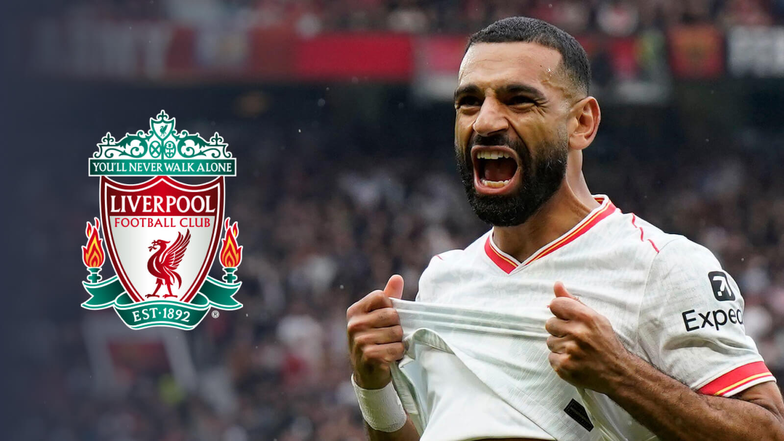 Liverpool winger Mohamed Salah next to the Liverpool badge