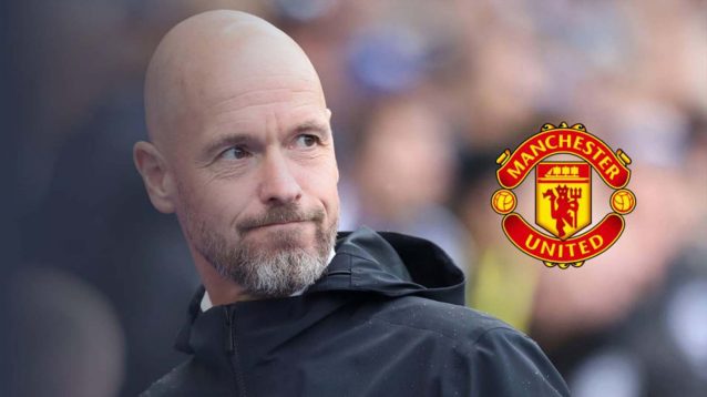 Erik ten Hag next to the Man Utd logo