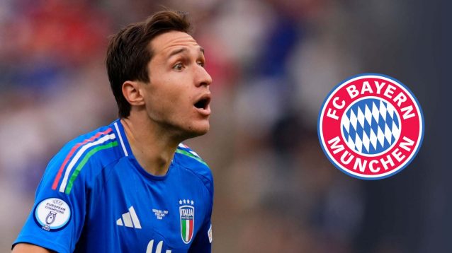 Federico Chiesa (Italy) next to the Bayern Munich badge