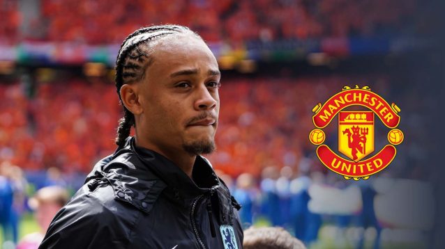 Man Utd target Xavi Simons next to the Man Utd badge