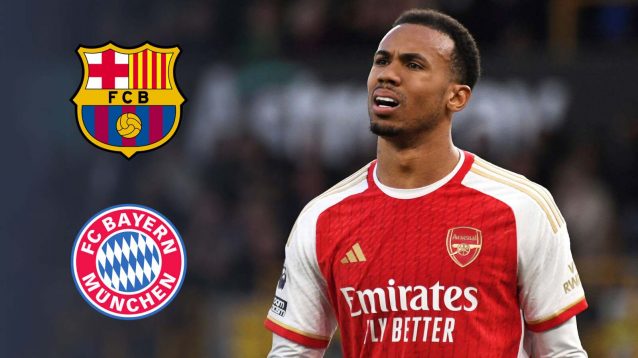 Gabriel Magalhaes (Arsenal) next to the Barcelona and Bayern Munich badges