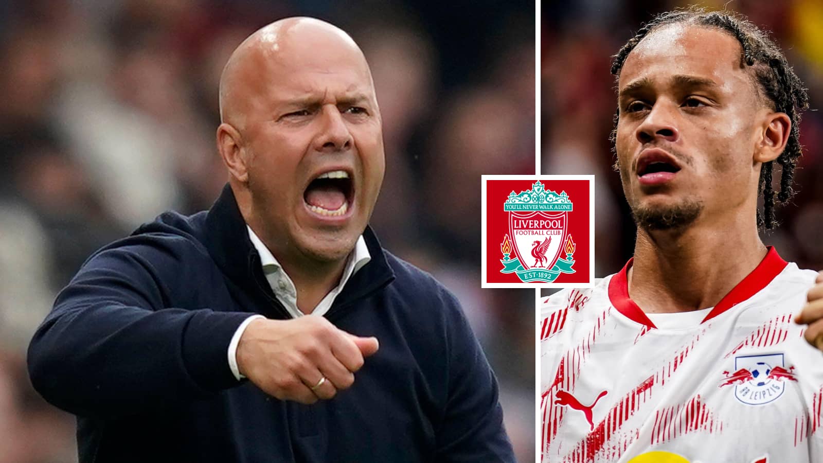 Arne Slot and Xavi Simons next to the Liverpool badge