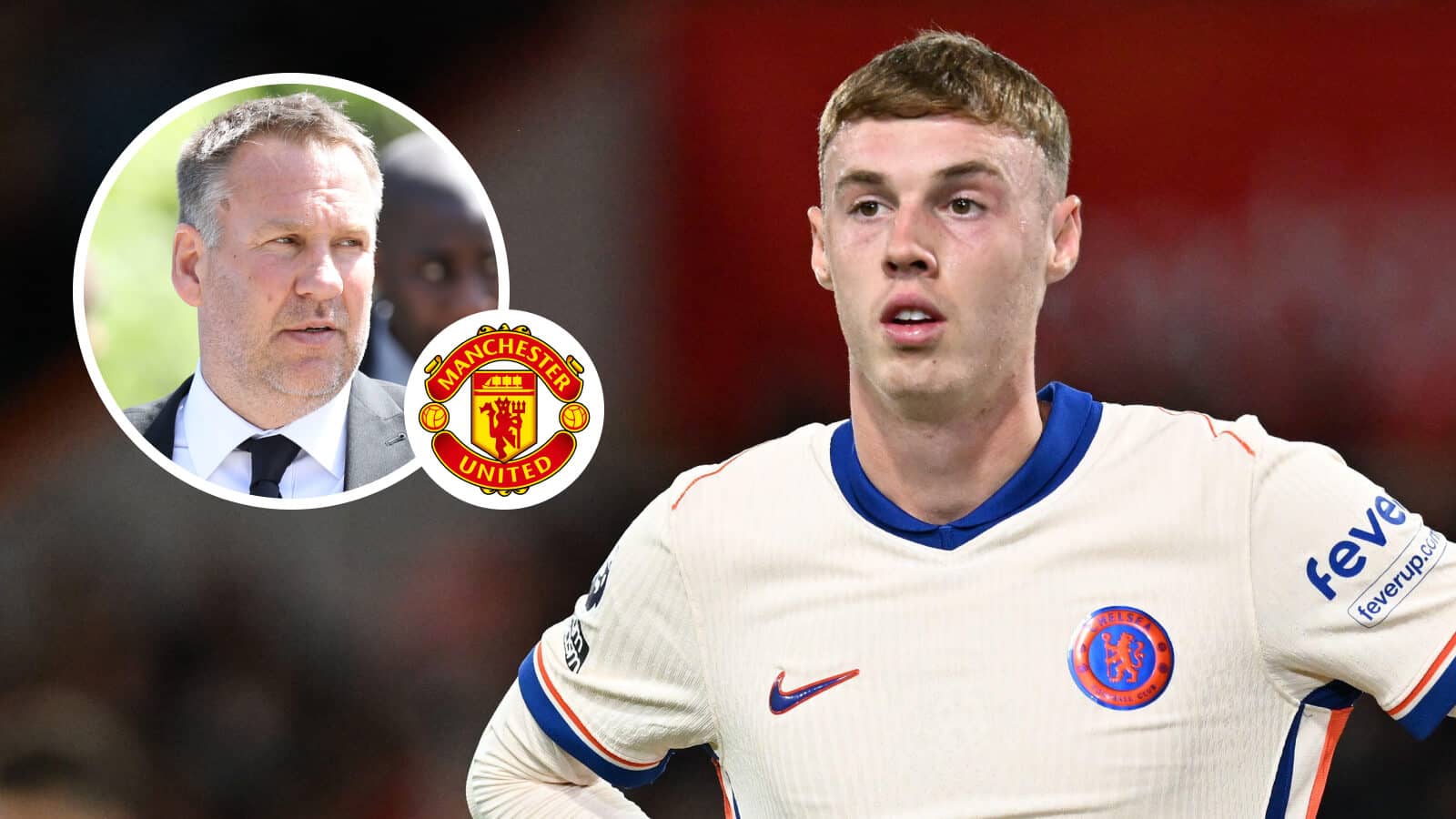 Chelsea star Cole Palmer with Sky Sports pundit Paul Merson next to the Manchester United badge