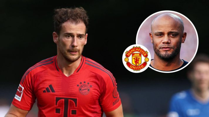 Leon Goretzka and, inset, Bayern Munich boss Vincent Kompany alongside the Manchester United badge