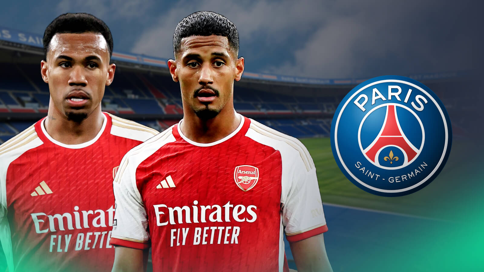Arsenal centre-backs Gabriel Magalhaes and William Saliba, PSG badge and stadium