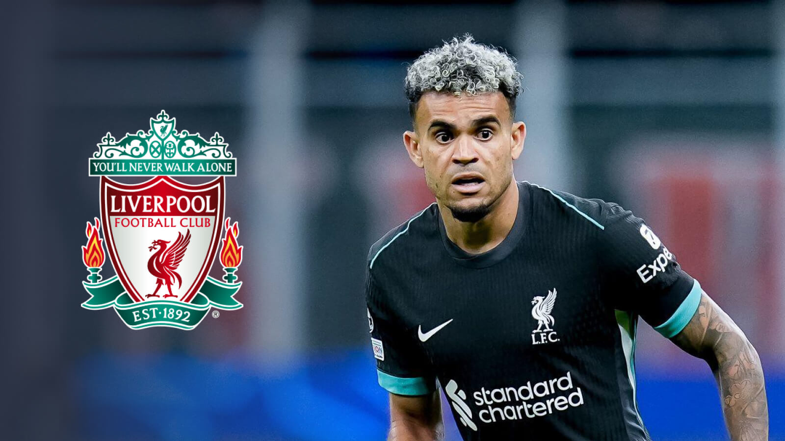 Liverpool winger Luis Diaz next to the club crest