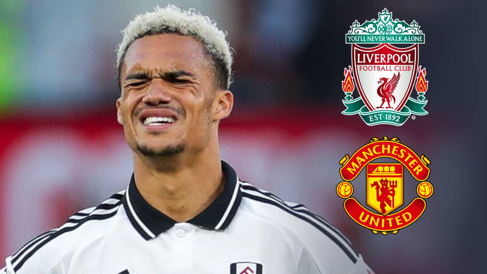 Fulham left-back Antonee Robinson next to the badges of Liverpool and Manchester United
