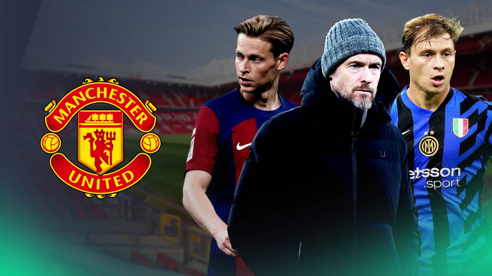 Barcelona midfielder Frenkie de Jong, Man Utd manager Erik ten Hag and Inter midfielder Nicolo Barella