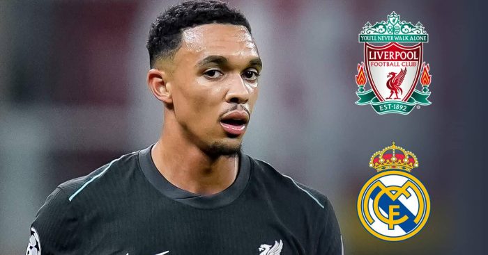 Liverpool star Trent Alexander-Arnold next to the badges of Liverpool FC and Real Madrid - image coyright of TEAMtalk