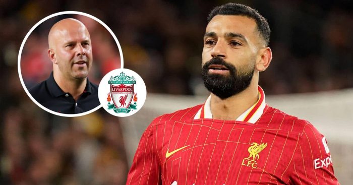 Liverpool forward Mo Salah and, inset, Arne Slot next to the Liverpool FC crest - image copyright of TEAMtalk