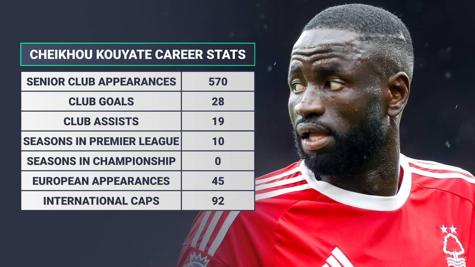 Cheikhou Kouyate, club appearances 570, club goals 28, club assists 19, seasons in Premier League 10, seasons in Championship 0, European appearances 45, international caps 92