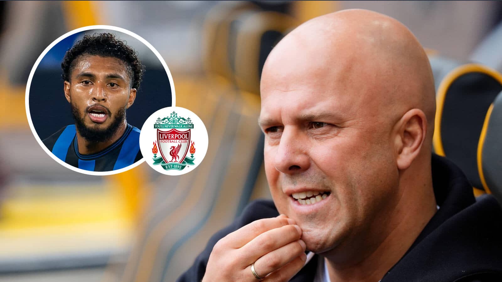 Liverpool manager Arne Slot and, inset, Atalanta midfielder Ederson - image copyright of TEAMtalk