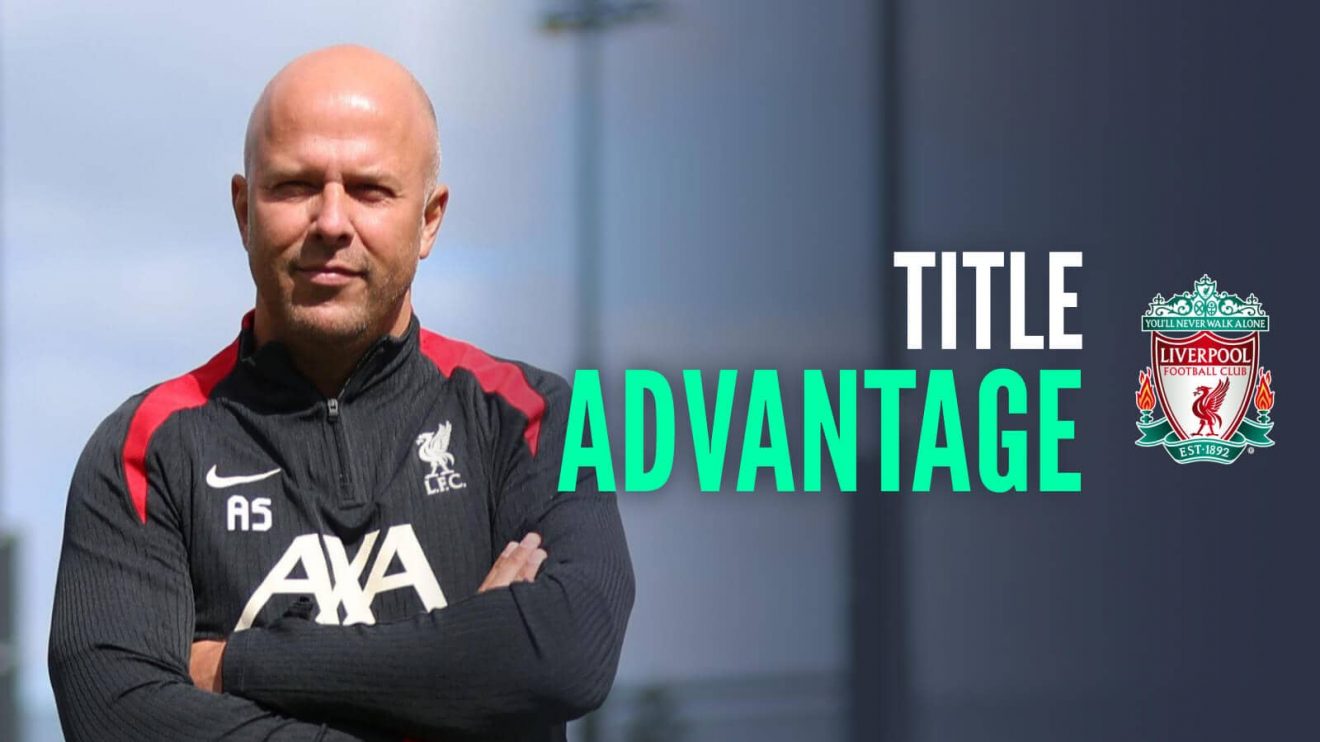 Liverpool manager Arne Slot next to the Liverpool badge and the words' title advantage'
