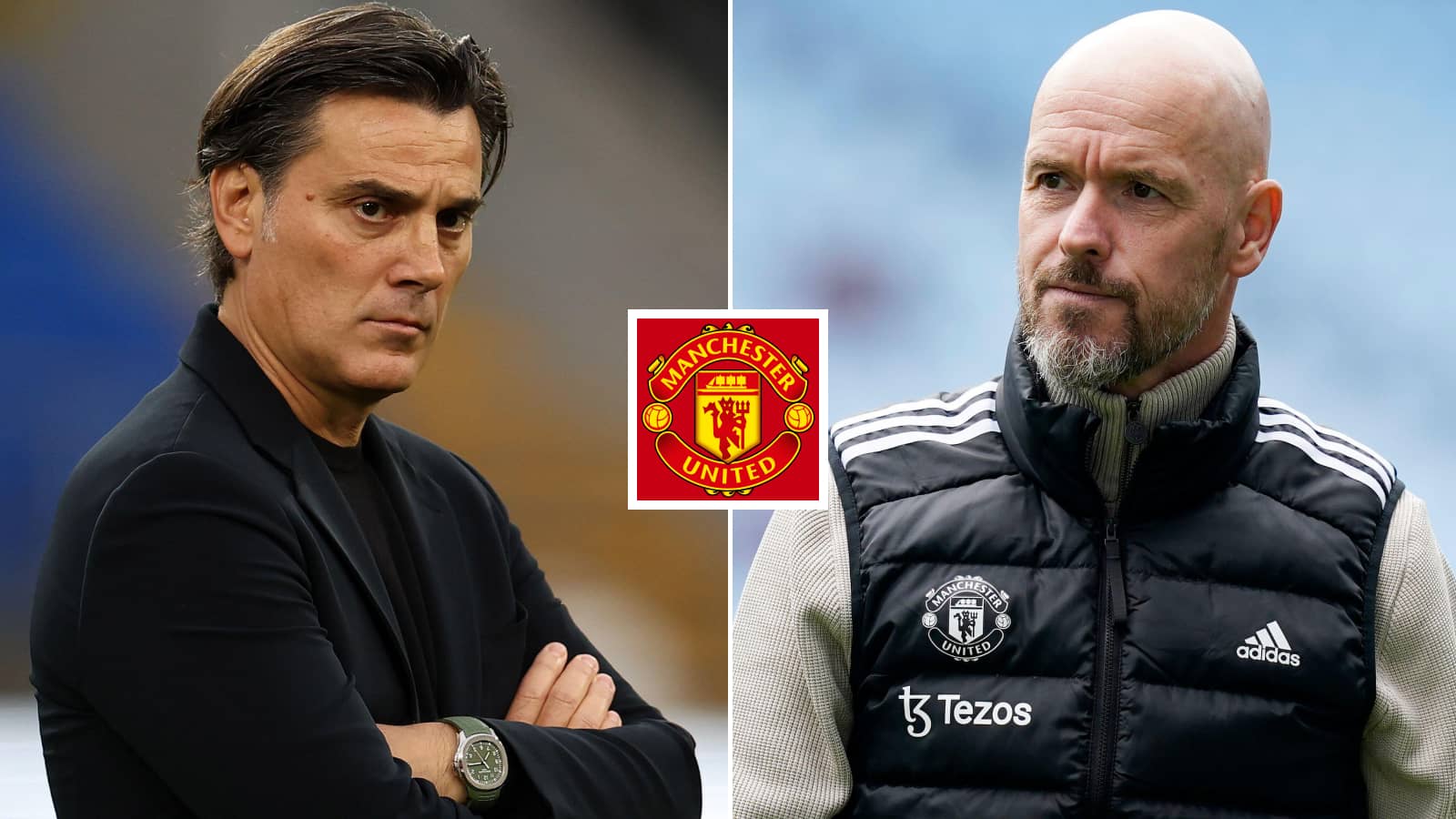 Vincenzo Montella and Erik ten Hag either side of the Man Utd badge