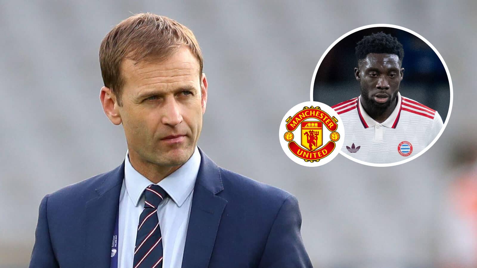 Manchester United sporting director Dan Ashworth with Alphonso Davies of Bayern Munich in a small circle and with the Man Utd badge in another - image copyright of TEAMtalk