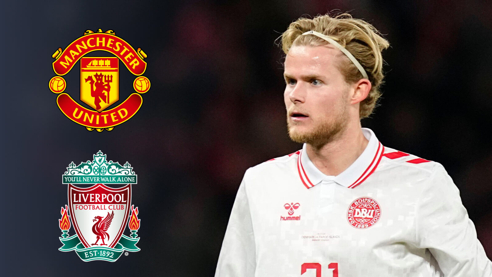 Morten Hjulmand with Man Utd and Liverpool badges