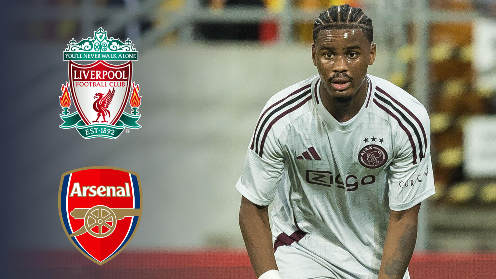 Ajax left-back Jorrel Hato, Liverpool and Arsenal badges